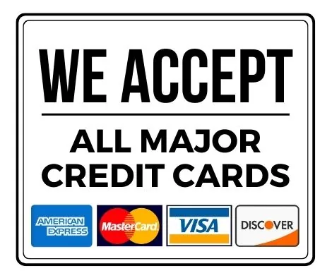 We accept all major credit cards, Zelle, Apple Pay
